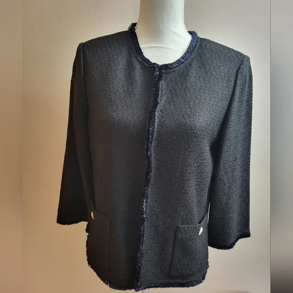St. John Collection Boucle Wool Blend Fringe-Trim Blazer Black Navy Size 10 - Picture 2 of 12